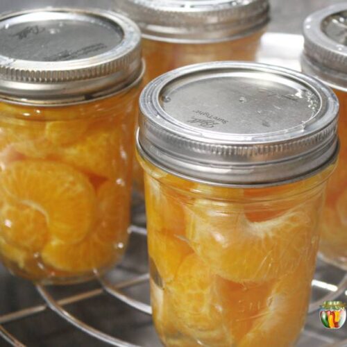 Jars of orange segments sitting on a steam canner rack.