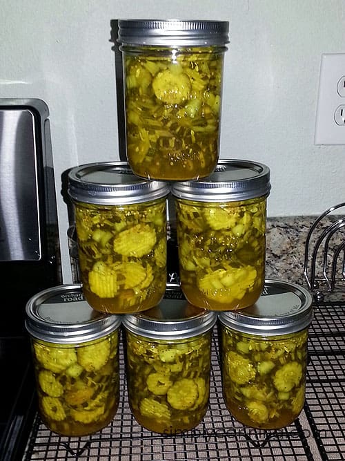 Pretty pickles packed into Orchard Road canning jars with lids.