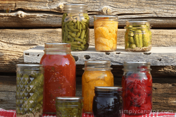 Jars of colorful home canned food sitting in front of a rustic wooden background.