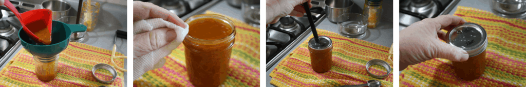 Filling jars with homemade peach jam and getting the jars ready for the canner.