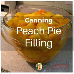 A large glass measuring bowl filled with juicy peach slices.