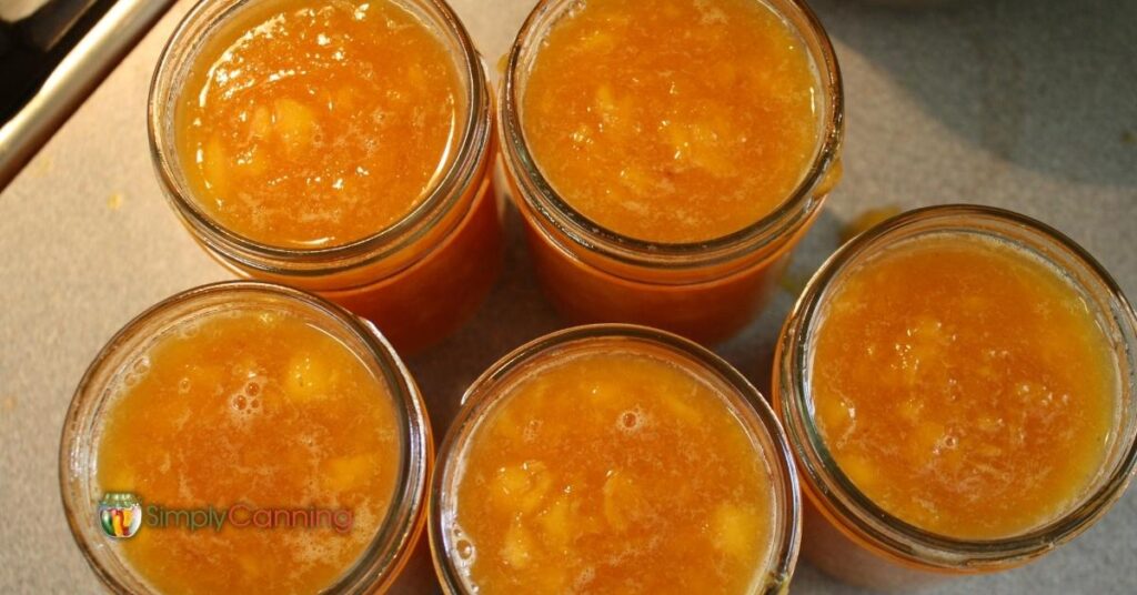 Top down view of 5 opened half pint jars of peach pineapple jam.