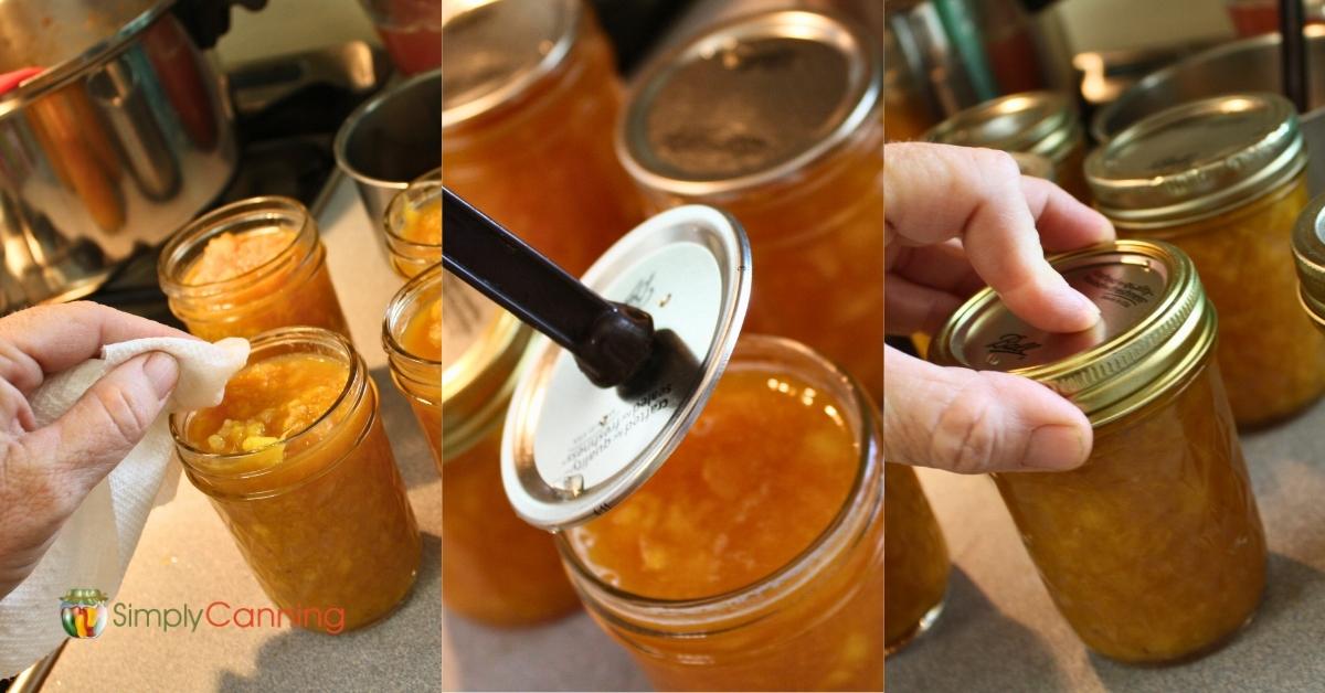 3 image collage of jars of jam, right to left, wiping the rim placing a canning lid, adding a ring to the jar.