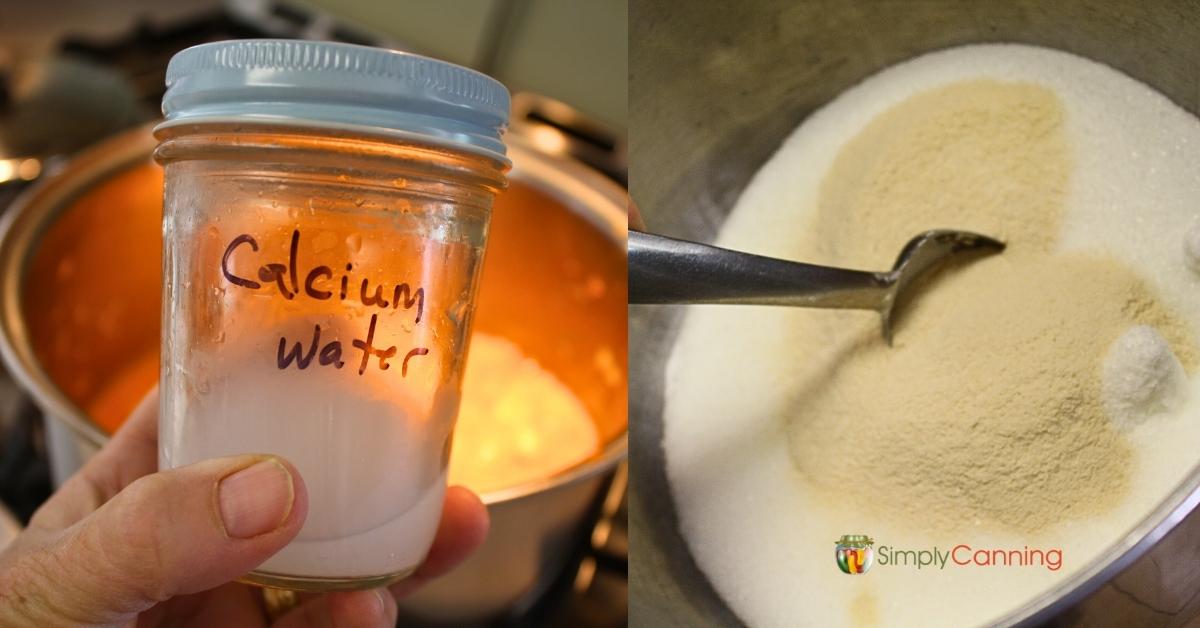 2 image collage, left side showing a small jar of calcium water, the left showing Pomonas pectin being mixed with white sugar.