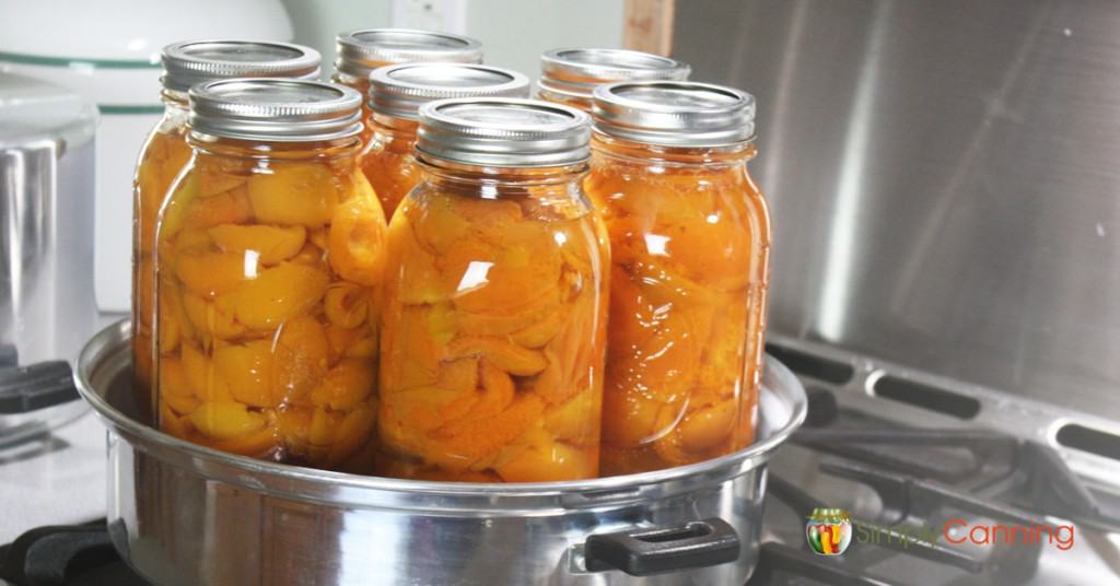 Quart canning jars filled with bright orange peaches sitting in a steam canner base.