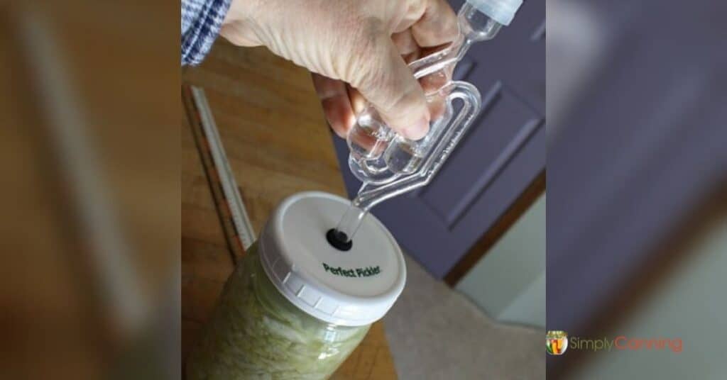 Sharon putting a Perfect Pickler lid on a jar of fermenting vegetables.