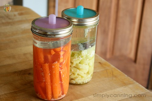 Jars of fermenting vegetables topped off with the Pickle Pipe lids.