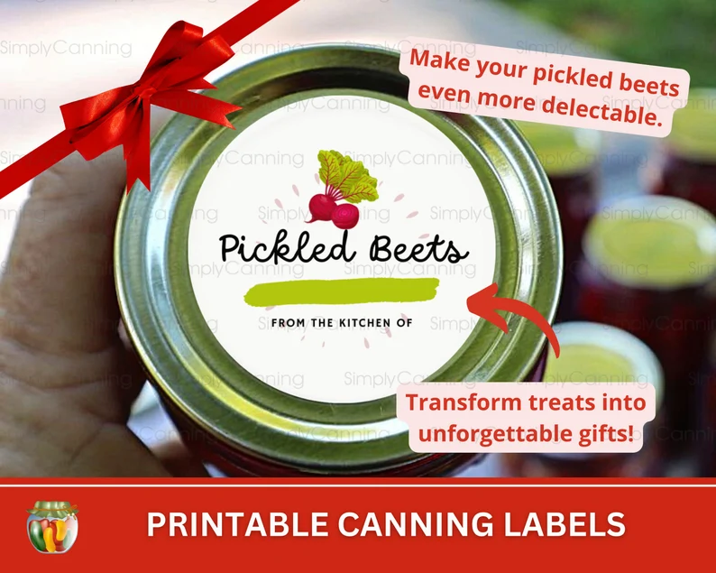 Top down image of pickled beets canning label, links to printable canning labels to purchase. 