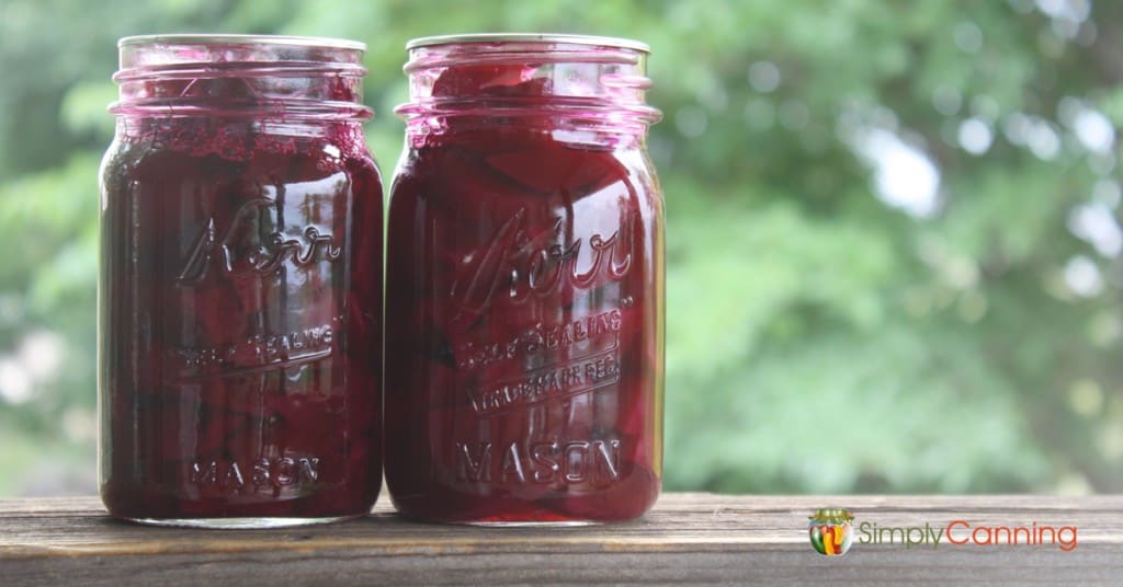 Two Kerr canning jars filled with deep red pickled beets.