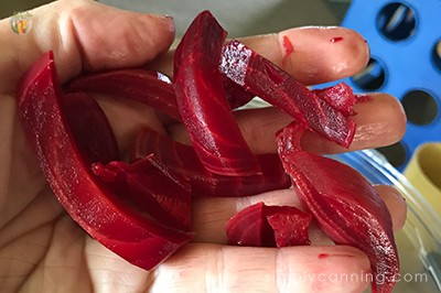 Holding a handful of freshly sliced beet pieces.