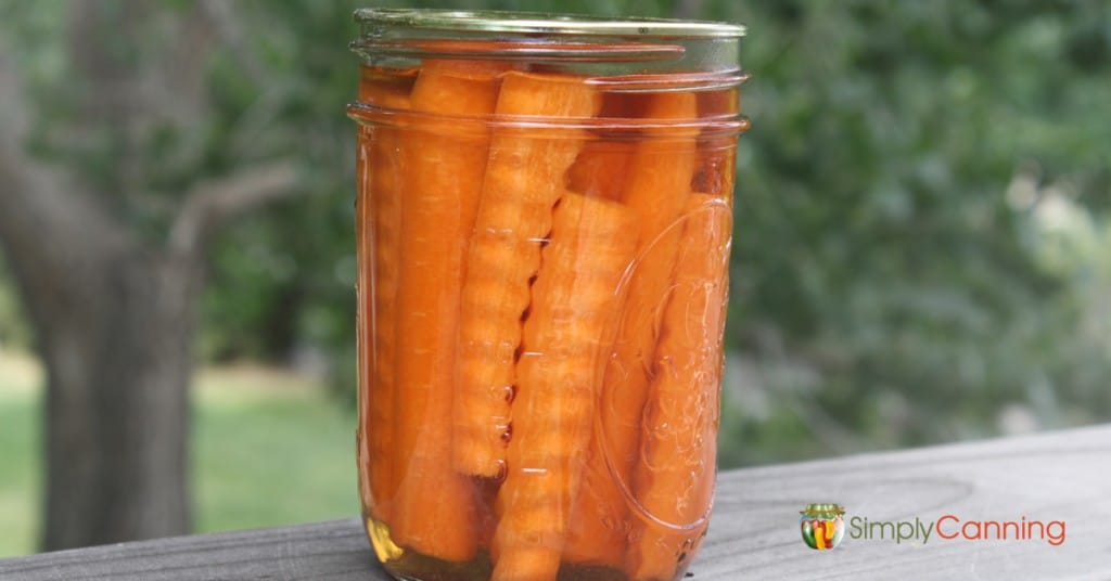 A jar of fancy cut carrot spears that have been pickled in brine.