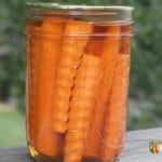 A jar of fancy cut carrot spears that have been pickled in brine.
