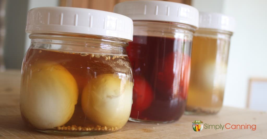 Jars of pickled eggs in various colors of brine.