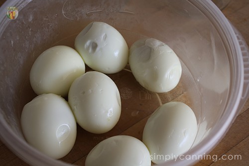 Seven peeled hardboiled eggs in a container.