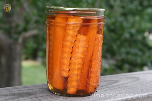 A jar of pickled fancy crinkle cut carrot spears sitting outside.