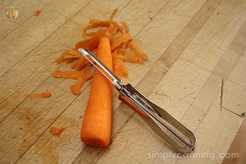 A peeled carrot sitting atop a pile of peels with a vegetable peel on top of the carrot.