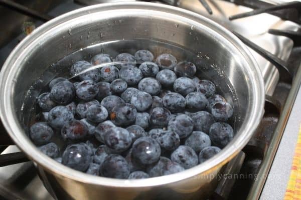 A large pot of plums sitting on the stovetop.