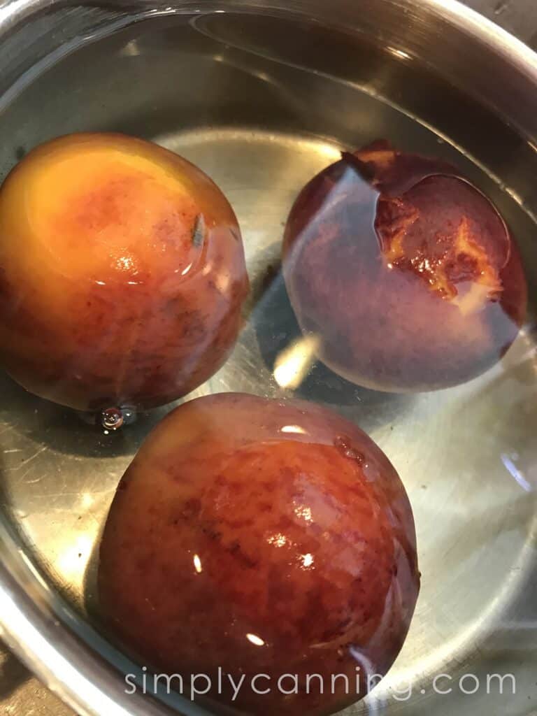 Three blanched peaches cooling off in a bowl of water.