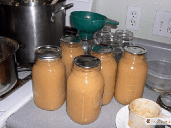 Filling quart jars with homemade applesauce for canning.