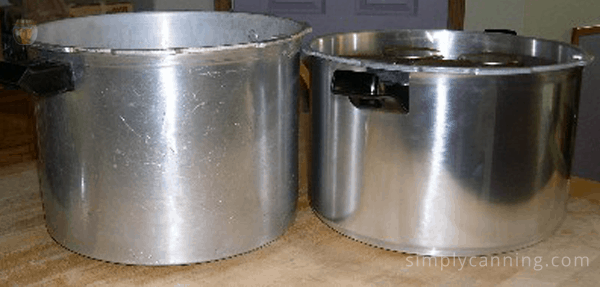 Two pressure canner pots sitting next to each other for comparison.