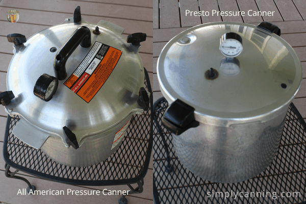 Looking down at the domed lid of the All American canner compared to the slightly flatter lid of the Presto.