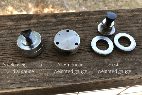 Single weight for dial gauge, All American weighted gauge, and Presto weighted gauge lined up next to each other.