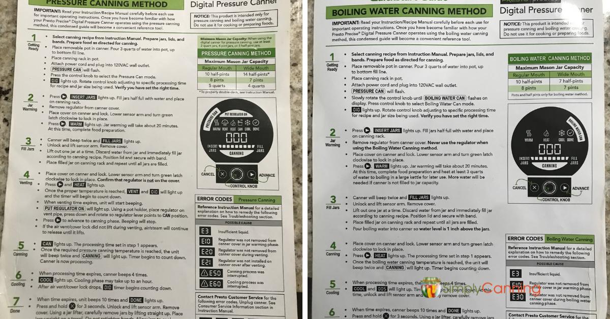 Image of both the waterbath and pressure canning directions that come with the electric canner. 