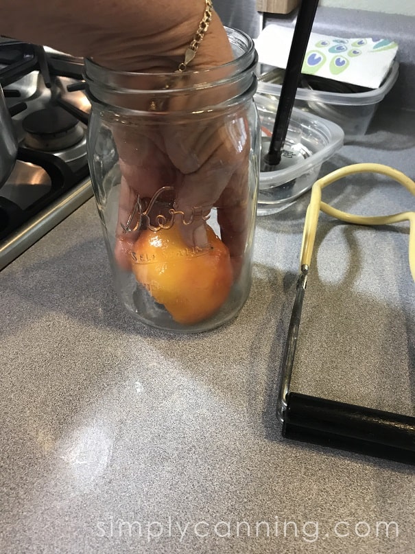 Putting a peach halved side down into a widemouth canning jar.