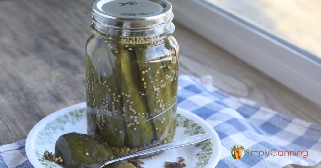 A pickle spear on a plate next to a pint jar of pickles.