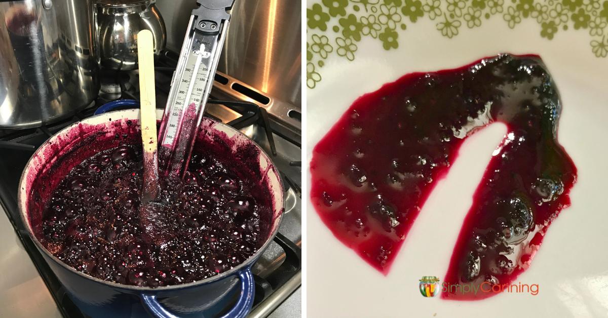 Collage with one image showing raspberry jam being cooked, the other showing how to do a plate test for gel.