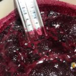 Raspberry Currant jam being boiled, candy thermometer checking temperature.