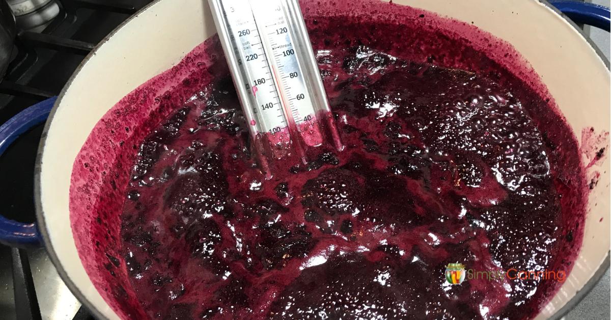 Raspberry Currant jam being boiled, candy thermometer checking temperature.