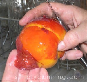 Slipping skins off of a peach with a paring knife in hand.