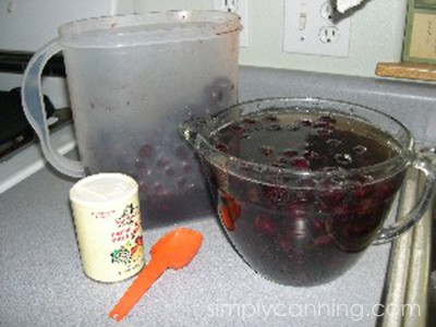 Cherries soaking in the fruit preserver mixture.