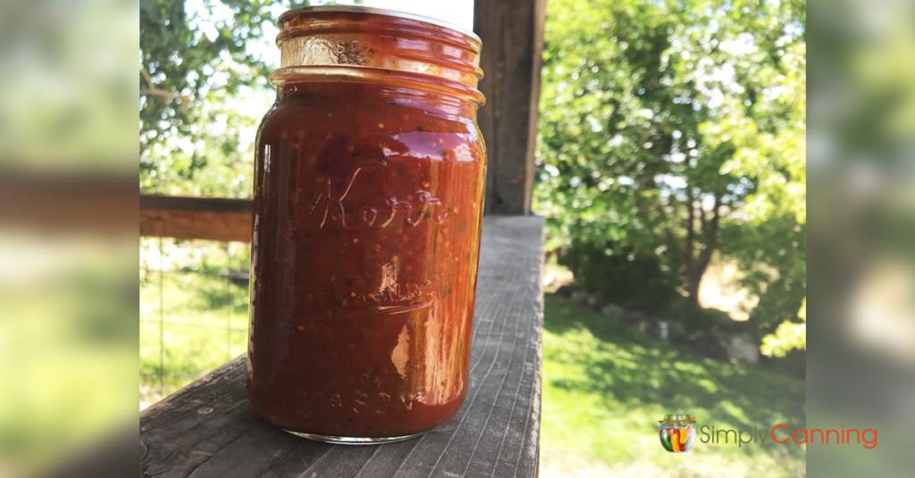 A jar of home canned spaghetti sauce.