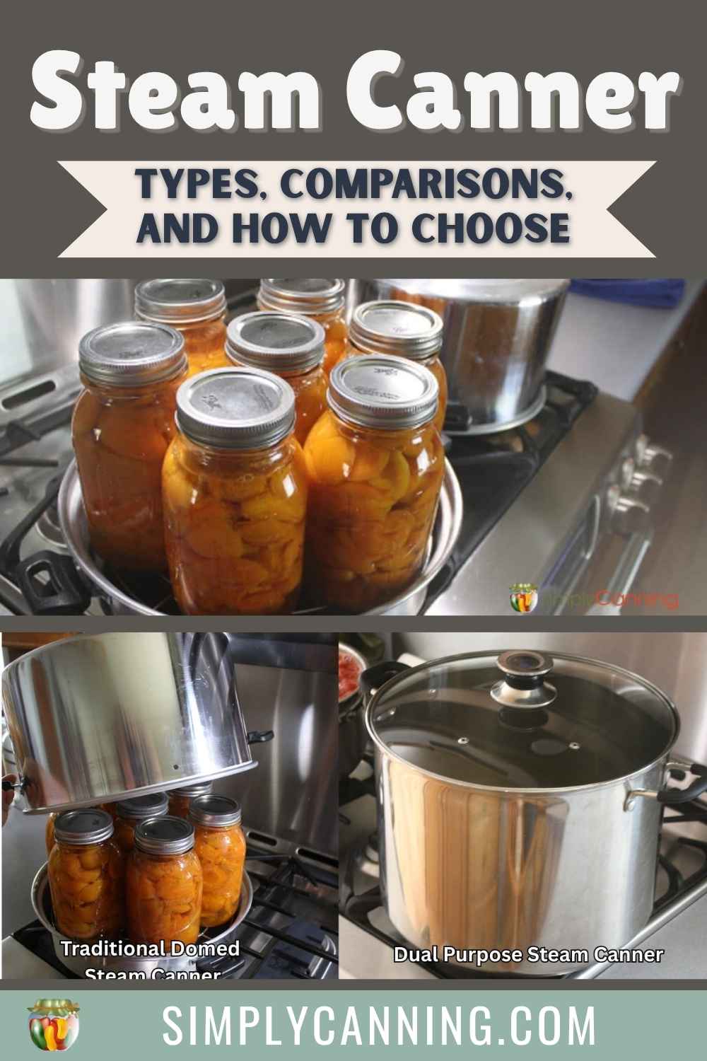 Different types of steam canners filled with jars of fruit, with text that says Steam Canner: Types, Comparisons, and How to Choose.