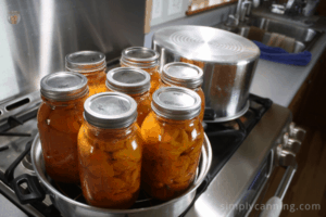 Jars filled with peaches sitting in the bottom of the steam canner.