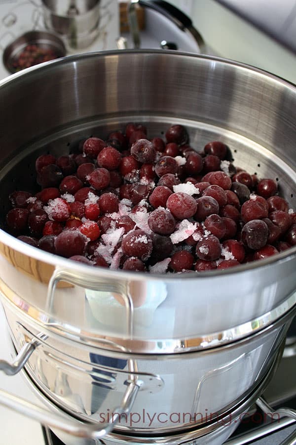 Frozen fruit poured into the pot.