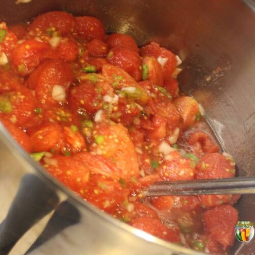 Stirring a stockpot filled with peeled tomatoes and chopped veggies.