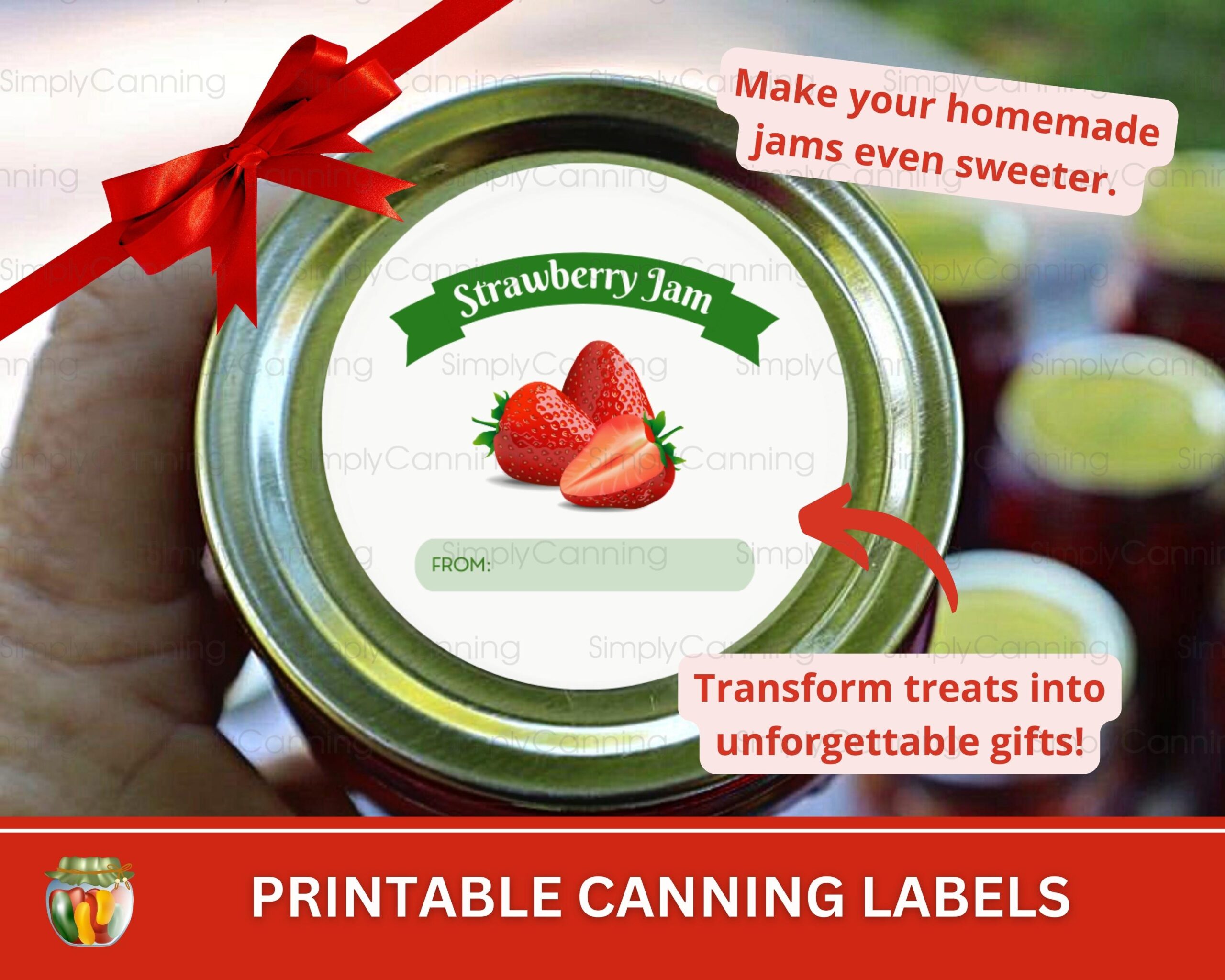 Image of strawberry jam canning label, links to printable canning labels to purchase.