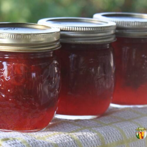 Three small jars of red strawberry jam.