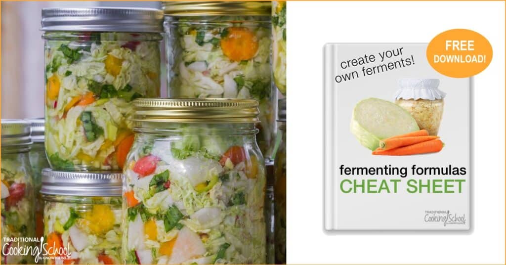 Jars of fermented vegetables with the Fermenting Formulas Cheat Sheet free download to help you make your own ferments.