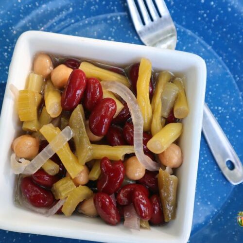 Top down view of a small white square serving dish with three bean salad, green beans, pinto beans, garbanzo beans, some onions, all on a blue plate with a fork to the side.