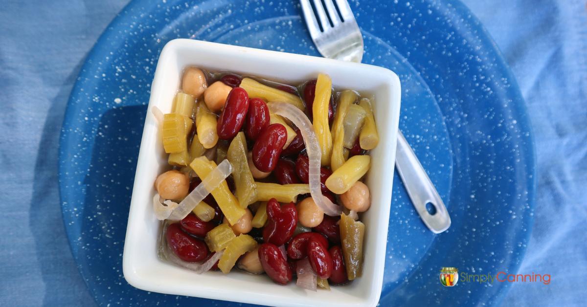 Top down view of a small white square serving dish with three bean salad, green beans, pinto beans, garbanzo beans, some onions, all on a blue plate with a fork to the side.