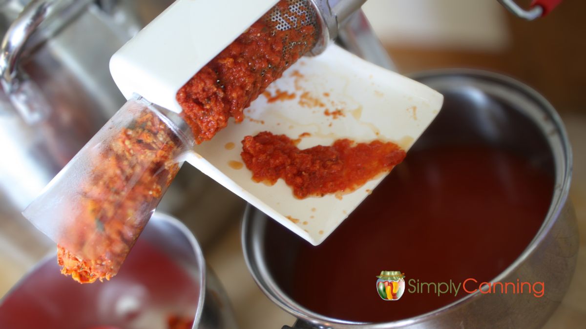 Close up of food strainer showing tomato pulp and discard.