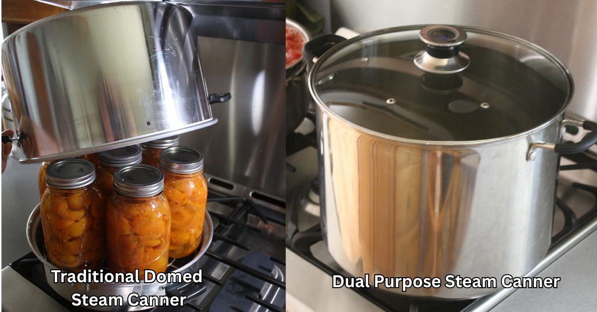 Both traditional and dual purpose steam canners side by side.