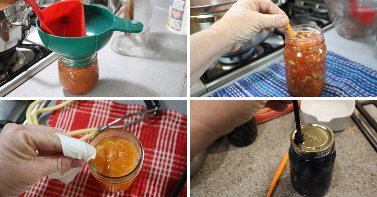 A 4 image collage showing, filling jar, removing bubbles, wiping rim, and placing lid.