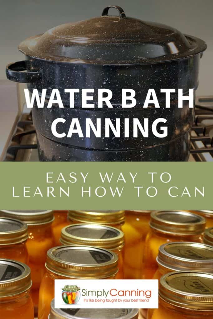 Link to Pinterest with a black speckled water bath canner in the top portion and jars of canned peaches in the bottom portion.